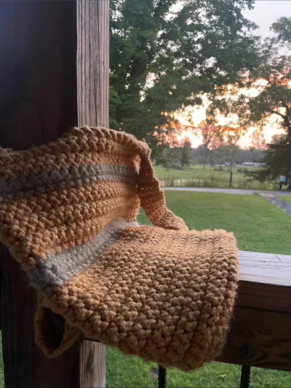 Hand Made Crochet Tote Bag in Kodak Yellow with Moss Green Stripes 🫶🏻